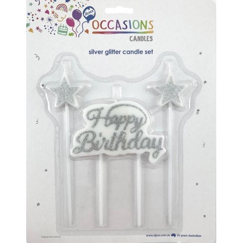 Happy Birthday Candle Plaque +Stars Glitter Silver 1 Set #431116