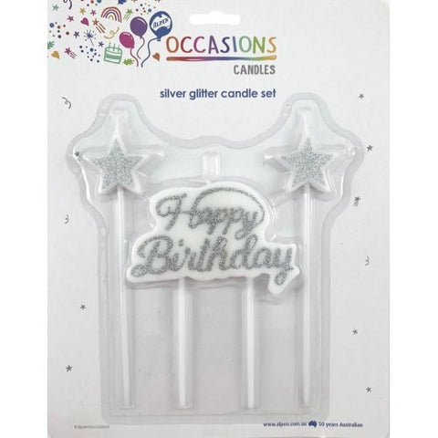 Happy Birthday Candle Plaque +Stars Glitter Silver 1 Set #431116