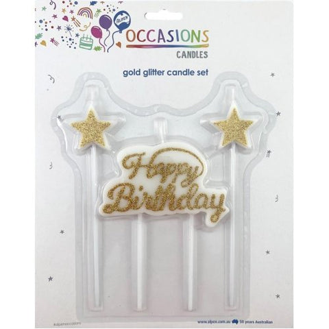 Happy Birthday Candle Plaque +Stars Glitter Gold 1 Set #431117