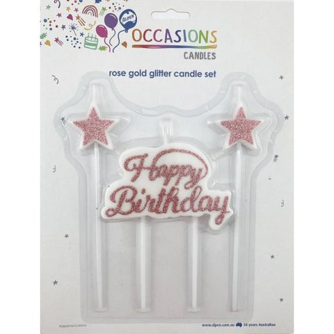 Happy Birthday Candle Plaque +Stars Glitter Rose Gold 1 Set #431118