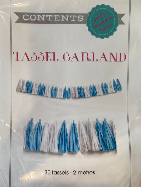 Tassel Garland BLUE & WHITE 30 tassels 2m length #Tassel-PaperBLWH