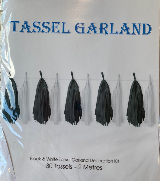 Tassel Garland BLACK & WHITE 30 tassels 2m length #Tassel-PaperBLKWH