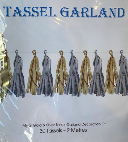 Tassel Garland SILVER & GOLD 30 tassels 2m length #Tassel-MetallicSLVGLD