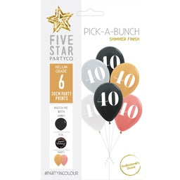 30cm Pick A Bunch 40th BIRTHDAY Met Assorted- pack of 6 #750040