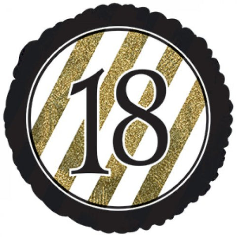 45cm Round Foil Black & Gold Stripes 18th Birthday #318100 - Each (Pkgd.)