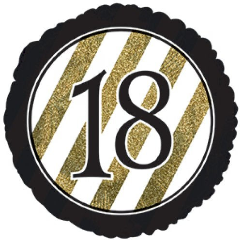 45cm Round Foil Black & Gold Stripes 18th Birthday #AP318100 - Each (Pkgd.)