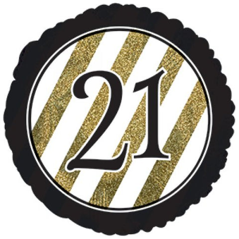 45cm Round Foil Black & Gold Stripes 21st Birthday #AP318101 - Each (Pkgd.)