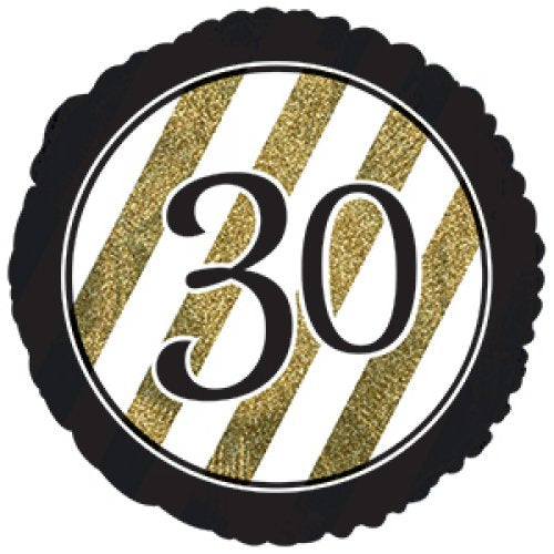 45cm Round Foil Black & Gold Stripes 30th Birthday #AP318102 - Each (Pkgd.)