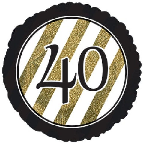 45cm Round Foil Black & Gold Stripes 40th Birthday #AP318103 - Each (Pkgd.)