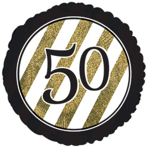 45cm Round Foil Black & Gold Stripes 50th Birthday #AP318104 - Each (Pkgd.)