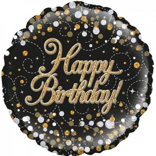 45cm Round Foil Balloon Sparkle Fizz Happy Birthday Black/Gold #227215 - Each (Pkgd.)