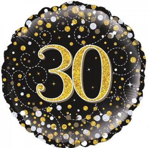 45cm Round Foil Balloon Black Sparkle Fizz 30 #210444 - Each (Pkgd.)