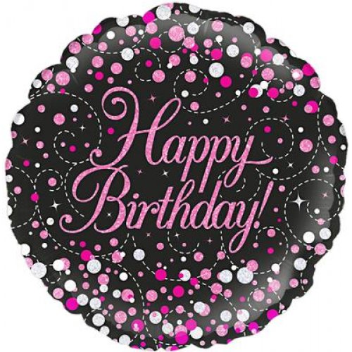 45cm Round Foil Balloon Sparkle Fizz Happy Birthday Black/Pink #210700 - 226768 Each (Pkgd.)