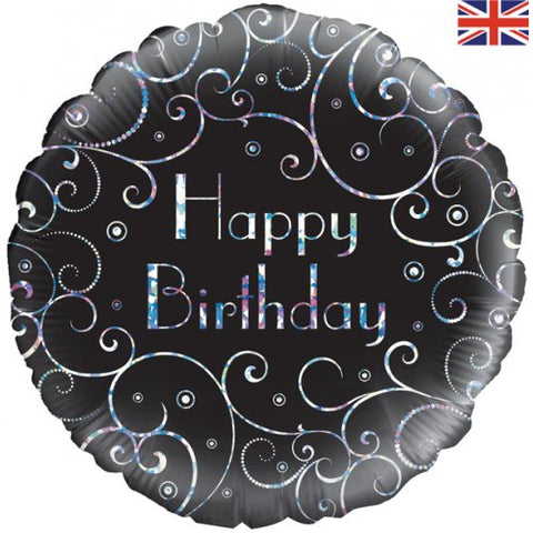 45cm Round Foil Happy Birthday Black Swirls #228496 #210717- Each (Pkgd.)