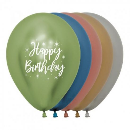 30cm Round Latex Reflex Assorted Happy Birthday Print in Black 2 sides #222250 50 bag