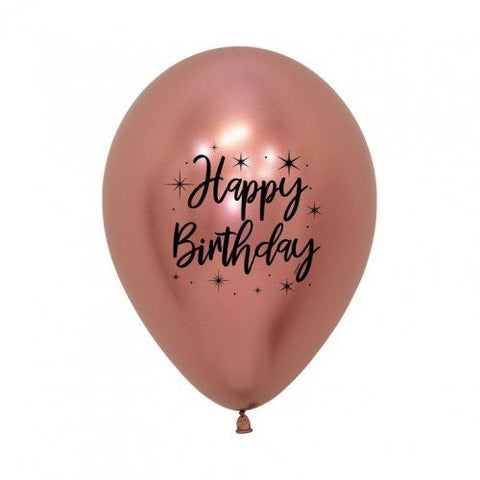 30cm Round Latex Reflex Rose Gold Happy Birthday Print in Black 2 sides #222251 50 bag