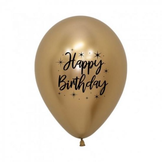 30cm Round Latex Reflex Gold Happy Birthday Print in Black 2 sides #222252 50 bag