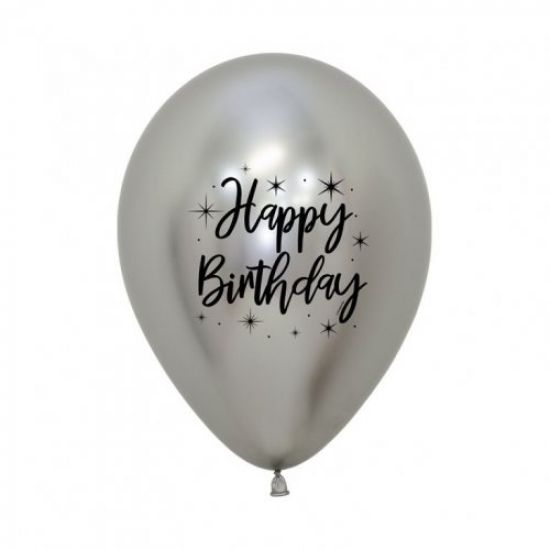 30cm Round Latex Reflex Silver Happy Birthday Print in Black 2 sides #222253 50 bag