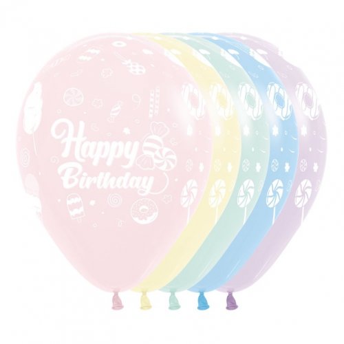 30cm Latex Round Happy Birthday Sweet Pastel Matte Assorted #222385 - Pack of 50