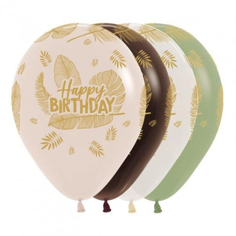 30cm Latex Round Happy Birthday Tropical Leaves Assorted #222387 - Pack of 50