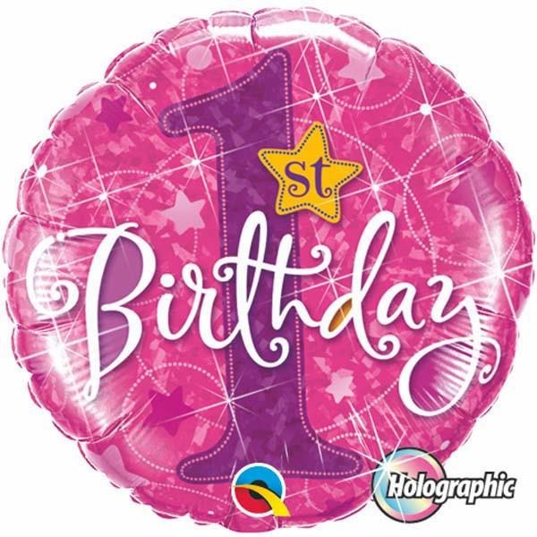 45cm Round Foil Holographic 1st Birthday Stars Pink #41597 - Each (Pkgd.)