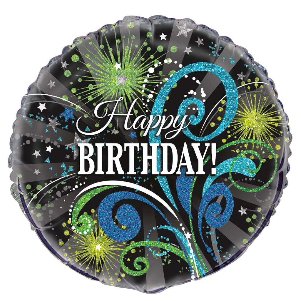 45cm Round Foil Happy Birthday Black & Green Swirls #M53986- Each (Pkgd.)