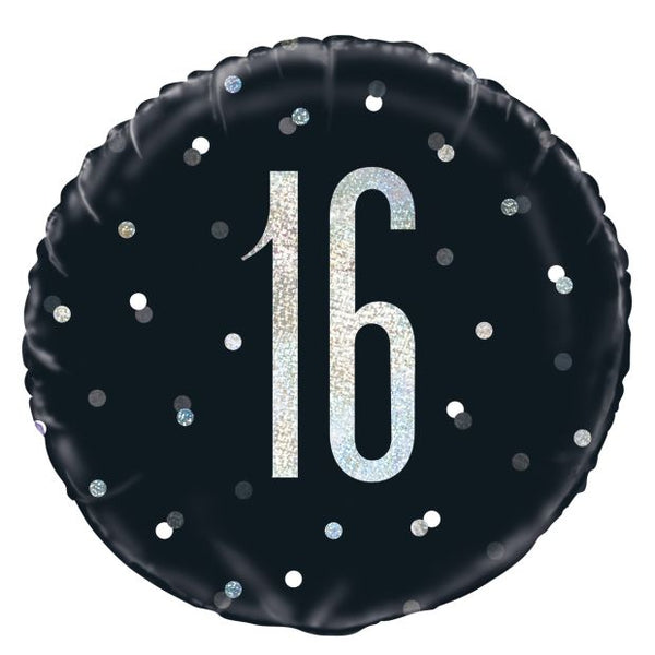 45cm Round Foil Prismatic Black & Silver 16th Birthday #M83342 - Each (Pkgd.)