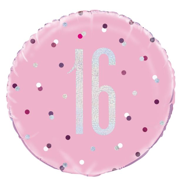 45cm Round Foil Prismatic Pink & Silver 16th Birthday #M83368 - Each (Pkgd.)