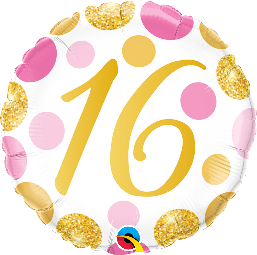 45cm Birthday Round 16 Pink & Gold Dots Foil Balloon #88172 - Each (Pkgd.)