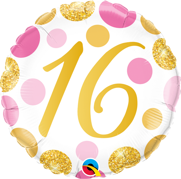 45cm Birthday Round 16 Pink & Gold Dots Foil Balloon #88172 - Each (Pkgd.)