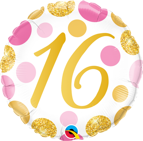 45cm Birthday Round 16 Pink & Gold Dots Foil Balloon #88172 - Each (Pkgd.)