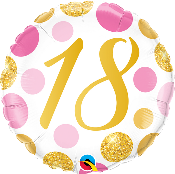 45cm Birthday Round 18 Pink & Gold Dots Foil Balloon #88175 - Each (Pkgd.)