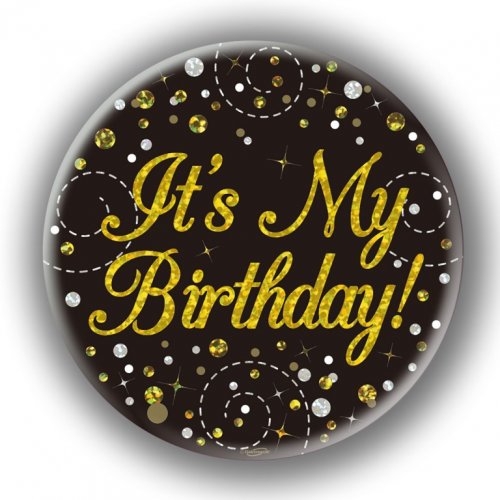 BADGE 75mm FIZZ B'day Black/Gold Each #OT654433