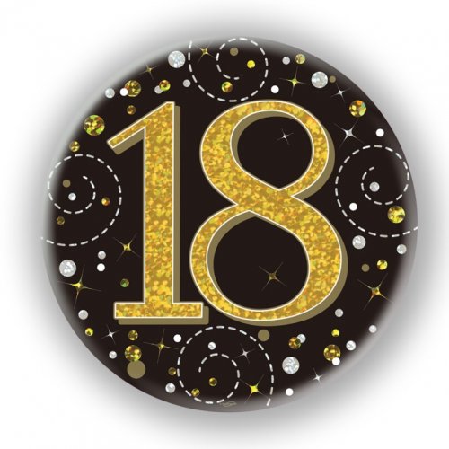 BADGE 75mm FIZZ B'day 18th Black/Gold #OT654457