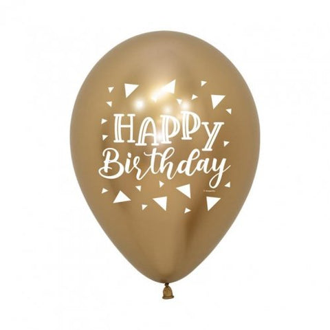 30cm Round Latex Reflex Gold Triangles Happy Birthday Print #222254 - 50 bag