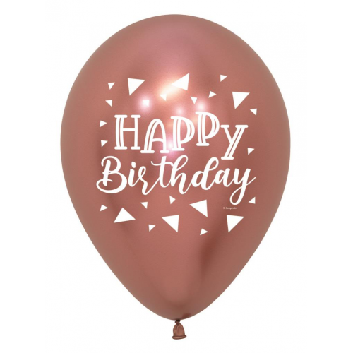 30cm Round Latex Reflex Rose Gold Triangles Happy Birthday Print #222256 - 50 bag