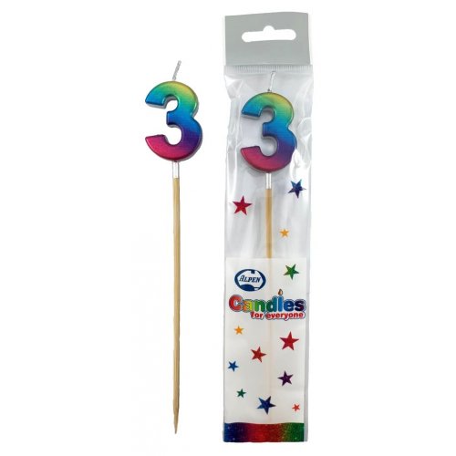 Long Stick Candle THREE Rainbow Metallic #447353 Each