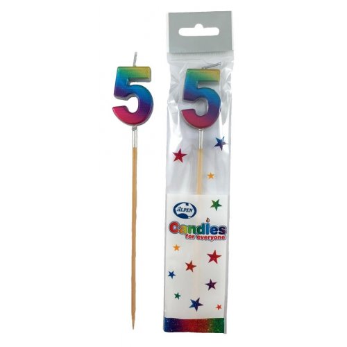 Long Stick Candle FIVE Rainbow Metallic #447355 Each