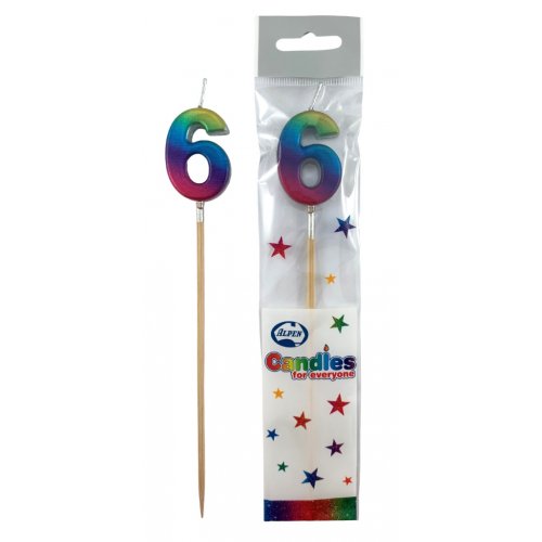 Long Stick Candle SIX Rainbow Metallic #447356 Each