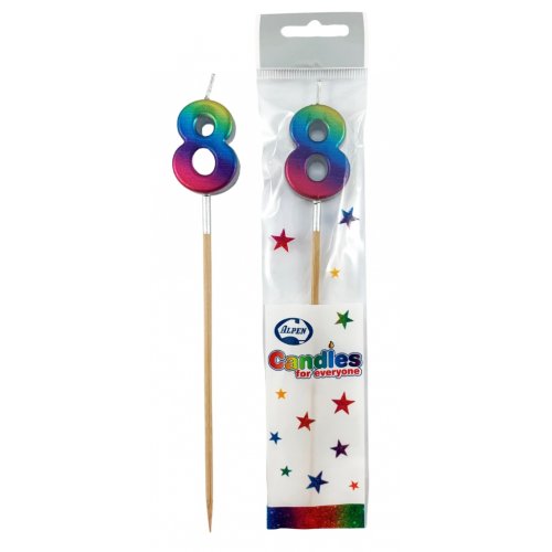 Long Stick Candle EIGHT Rainbow Metallic #447358 Each