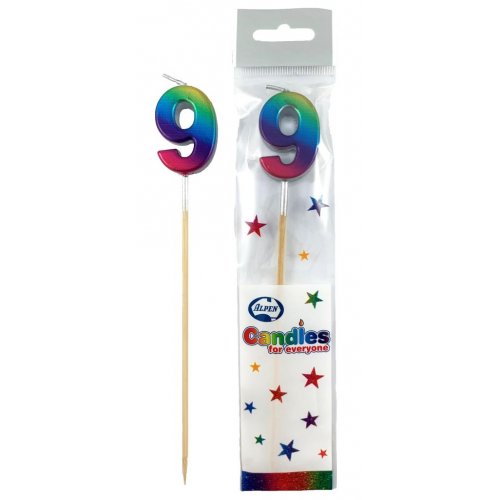 Long Stick Candle NINE Rainbow Metallic #447359 Each