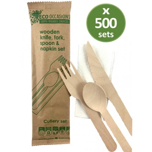 Wooden Cutlery and Napkin Set 100 Pack #AP460619